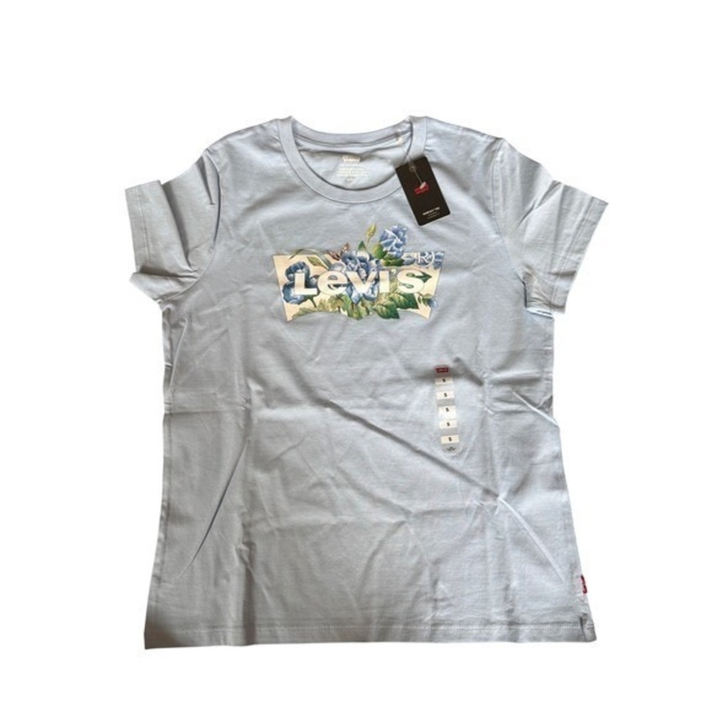 Levi's Women's Perfect Tee Light Blue Floral Batwing Logo Graphic T-Shirt Small